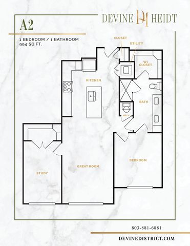 Elegant A2 floor plan boasting 1 bedroom, a spacious great room, and modern kitchen within 994 sq ft, perfect for a stylish lifestyle.