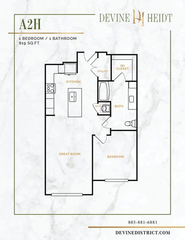 Elegant floor plan of Devine District\'s A2H model, featuring 1 bedroom, 1 bathroom, a spacious great room, modern kitchen, and utility area within 819 sq. ft.