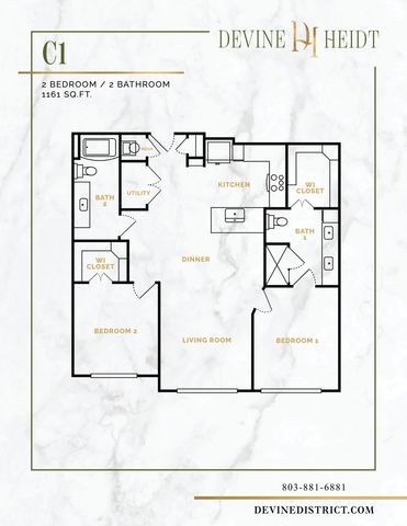 Elegant floor plan of a 2 bedroom, 2 bathroom apartment, featuring a spacious living room, modern kitchen, and two walk-in closets, spread over 1161 sq ft at Devine Heidt.