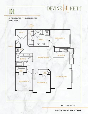 Elegant floor plan by Devine Heidt featuring 3 bedrooms, 2 bathrooms, modern kitchen, spacious living room, and utility area, spanning 1451 sq ft.