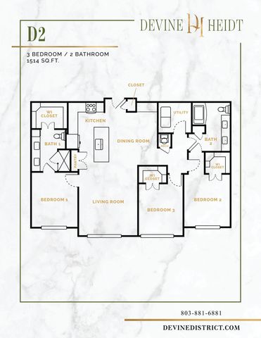 Modern D2 floor plan at Devine District featuring 3 bedrooms, 2 bathrooms, spacious living room, open kitchen, dining area, and utility space, offering 1514 sq. ft. of elegant living.