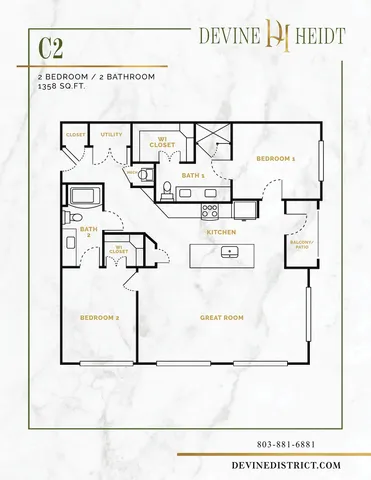 Devine Heidt floor plan C2 showcasing 2 bedrooms and 2 baths, featuring a spacious great room, modern kitchen, and private balcony, totaling 1358 sq. ft.