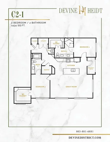 Devine District C2-1 floor plan featuring 2 spacious bedrooms, 2 luxurious bathrooms, a modern kitchen, and a great room with patio access, spanning 1434 sq. ft.