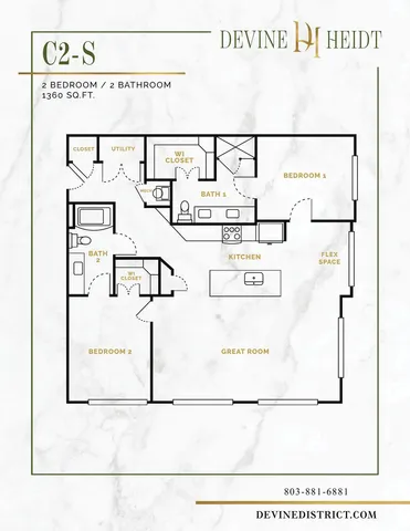 Elegant floor plan for C2-S unit showcasing 2 bedrooms, 2 bathrooms, spacious great room, modern kitchen, and flexible space, 1360 sq ft.