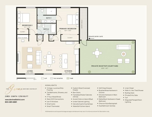Elegant 2-bedroom, 2-bath floor plan at The Green, featuring an expansive living-dining area, stylish kitchen, and private rooftop courtyard.
