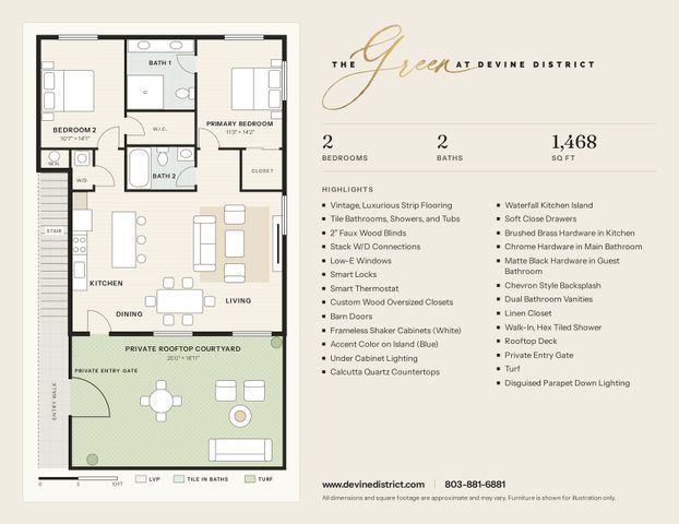 Modern floor plan at The Green at Devine District, showcasing 2 bedrooms, 2 baths, open kitchen and living area, private rooftop courtyard, and luxury finishes, spanning 1468 sq ft.