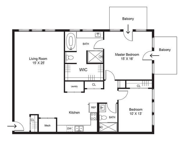 Two bedroom, two bathroom apartment floor plan at Junction View in Ogden, Utah with two balconies, walk-in closet, and open layout