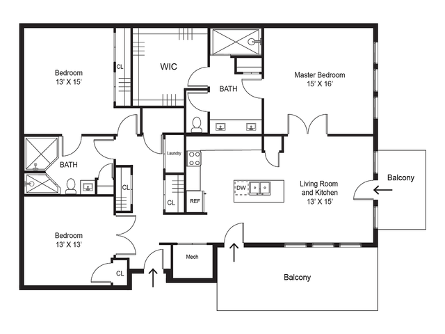 Three bedroom, two bathroom apartment floor plan at Junction View in Ogden, Utah with patio, walk-in closet, and open kitchen