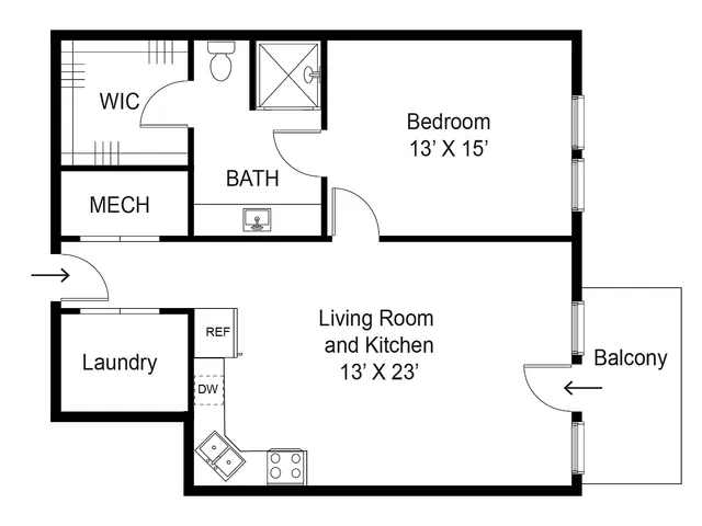 One bedroom, one bathroom apartment floor plan at Junction View in Ogden, Utah with balcony, walk-in closet, and open kitchen layout