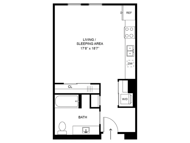 Studio apartment floor plan Oat at Millstone at Silo Park with open layout and in-unit washer dryer
