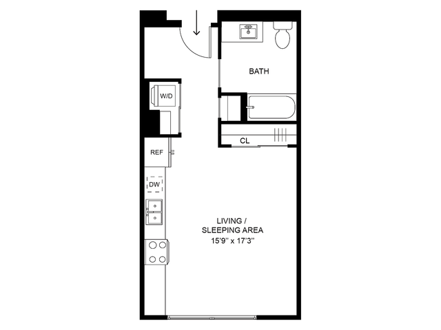 Studio apartment floor plan Rye at Millstone at Silo Park with open living space and full kitchen Caption: Rye Studio Floor Plan