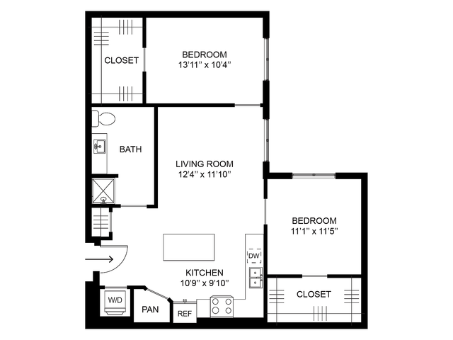 Two bedroom apartment floor plan Hearthstone at Millstone at Silo Park with open living room and full kitchen