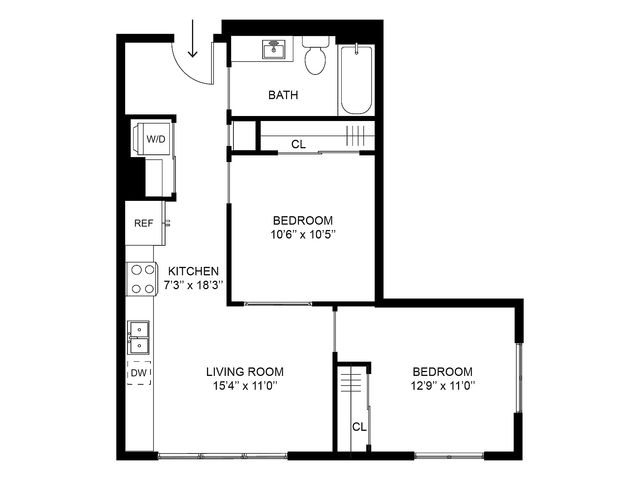 Two bedroom apartment floor plan Millgate at Millstone at Silo Park with large living space and in-unit washer dryer