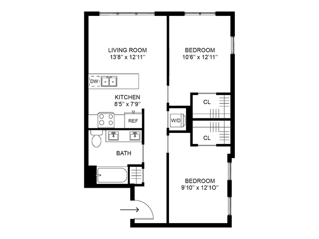 Two bedroom apartment floor plan Millway at Millstone at Silo Park with modern kitchen and open living area