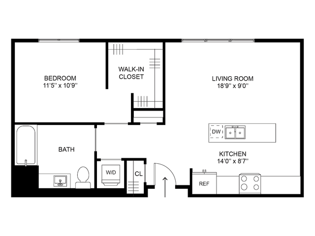 One bedroom apartment floor plan Miller at Millstone at Silo Park in Salt Lake City with 685 sq ft layout