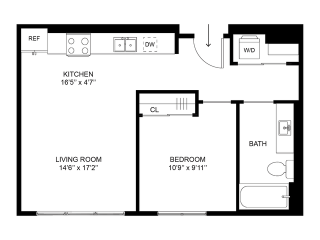 One bedroom apartment floor plan Steward at Millstone at Silo Park in Salt Lake City with 557 sq ft layout