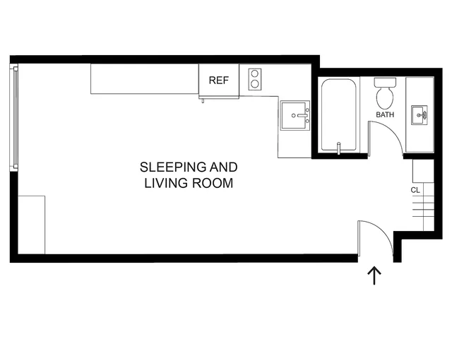 2D floor plan rendering of the Runa studio apartment at The Oslo, Murray, Utah