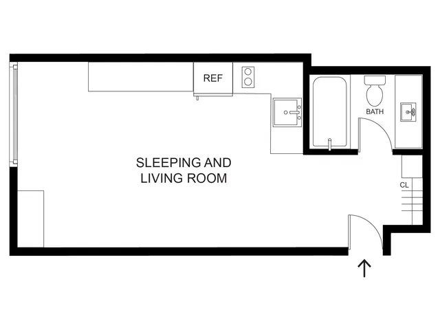 Furnished Runa studio apartment floor plan at The Oslo with open living space, kitchen, and bathroom
