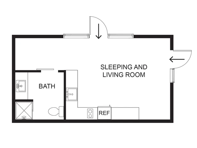 Freya Studio 301 studio apartment floor plan at The Oslo with open layout, kitchen, and bathroom