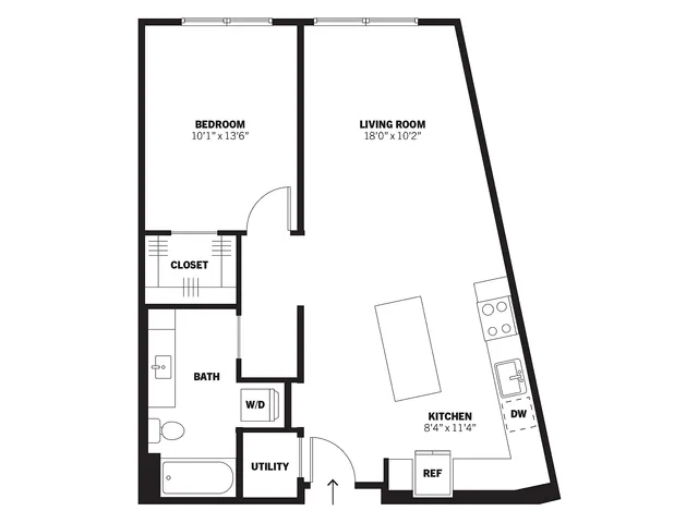 Foundry 2D one-bedroom conventional apartment floor plan at Bissinger & Co.