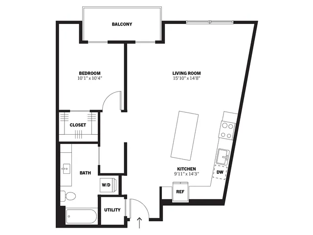 Kiln 2D one-bedroom conventional apartment floor plan with balcony at Bissinger & Co.