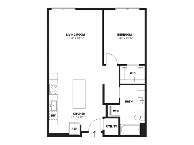 Miller 2D one-bedroom conventional apartment floor plan at Bissinger & Co.