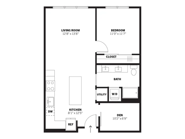 Millwright 2D one-bedroom plus den conventional apartment floor plan at Bissinger & Co.