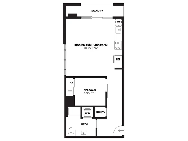 Sawyer 2D one-bedroom conventional apartment floor plan with balcony at Bissinger & Co.