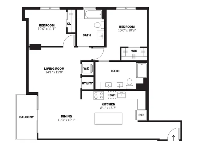 Bamberger 2D two-bedroom, two-bath conventional apartment floor plan with balcony at Bissinger & Co.
