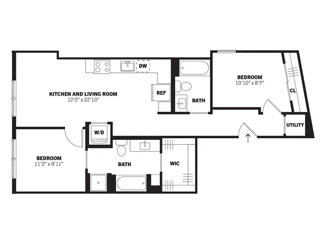 Goodwin 2D two-bedroom, two-bath affordable apartment floor plan at Bissinger & Co.
