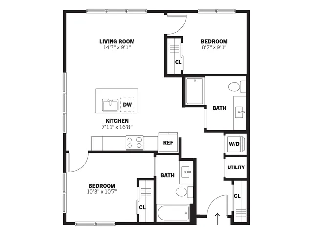 Newton 2D  two-bedroom, two-bath conventional apartment floor plan at Bissinger & Co.