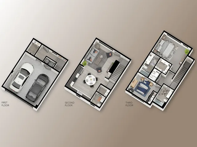 3D layout of the McKinley floor plan at Railrunner Townhomes in Roy, Utah, with 2 bedrooms, 2.5 baths, open living space, and an attached garage.