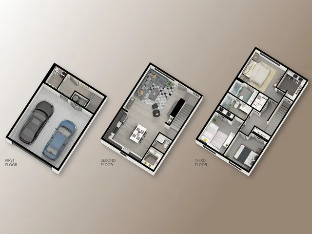 3D floor plan of the Everest unit at Railrunner Townhomes in Roy, UT, featuring 3 bedrooms, 2.5 bathrooms, open living space, and attached garage.