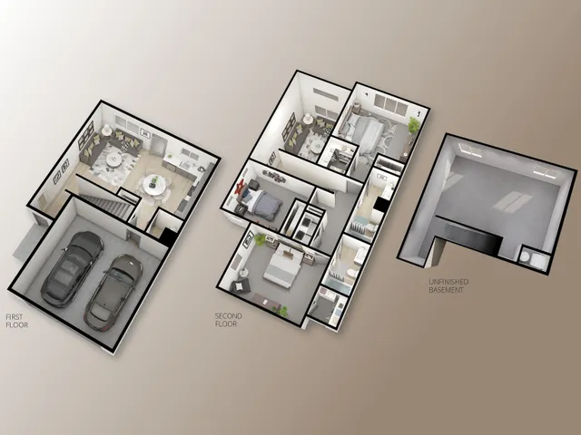 3D floor plan of the Timberline unit at Railrunner Townhomes in Roy, Utah, with 3 bedrooms and an unfinished basement for storage or customization.