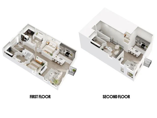 3D floor plan rendering of the Arrowleaf three-bedroom apartment at Greenside, Silo Park