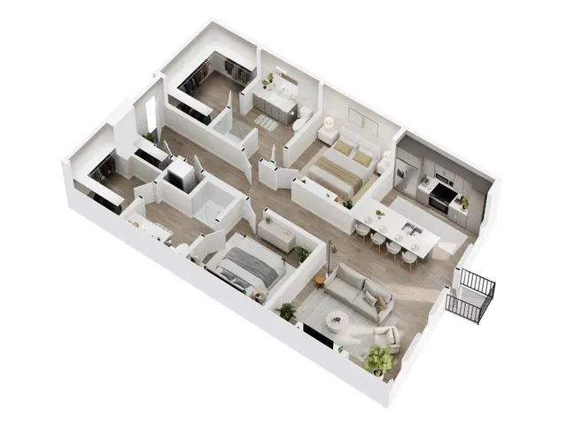 3D floor plan rendering of the Aster Crest two-bedroom apartment at Greenside, Silo Park