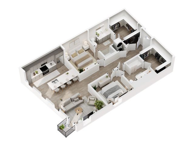3D floor plan rendering of the Aster two-bedroom apartment at Greenside, Silo Park