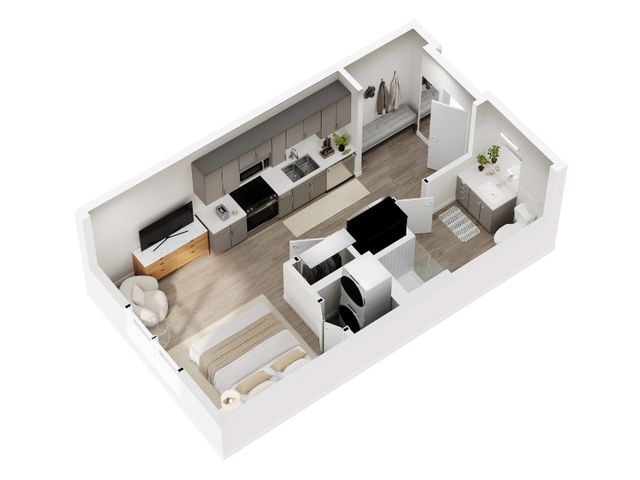 3D floor plan rendering of the Sego studio apartment at Greenside, Silo Park, Salt Lake City
