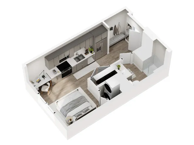 3D floor plan rendering of the Bluebell studio apartment at Greenside, Silo Park, Salt Lake City