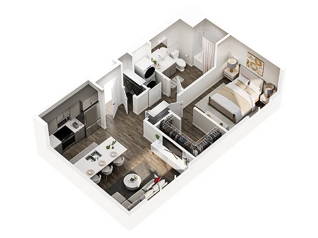 Baker 1 bedroom floor plan 3D rendering at Millstone Apartments Salt Lake City