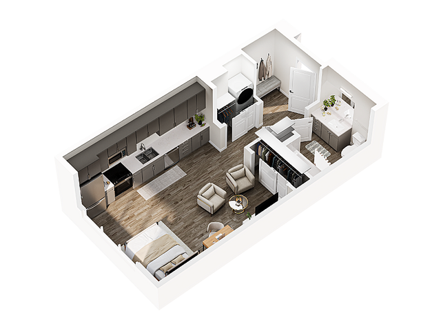 Wheat studio floor plan 3D rendering at Millstone Apartments in Salt Lake City