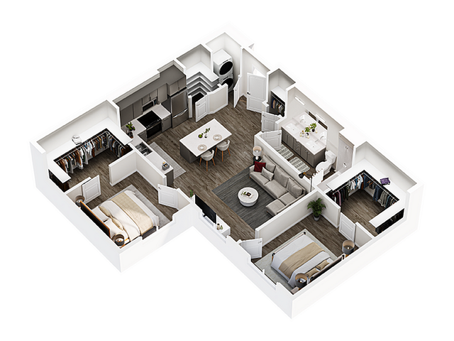 Limestone 2 bedroom floor plan 3D rendering at Millstone Apartments Salt Lake City