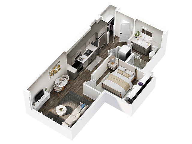 Mercer 1 bedroom apartment floor plan 3D rendering Millstone Salt Lake City