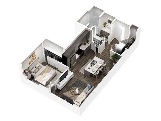 Warden 1 bedroom floor plan 3D rendering at Millstone Apartments Salt Lake City