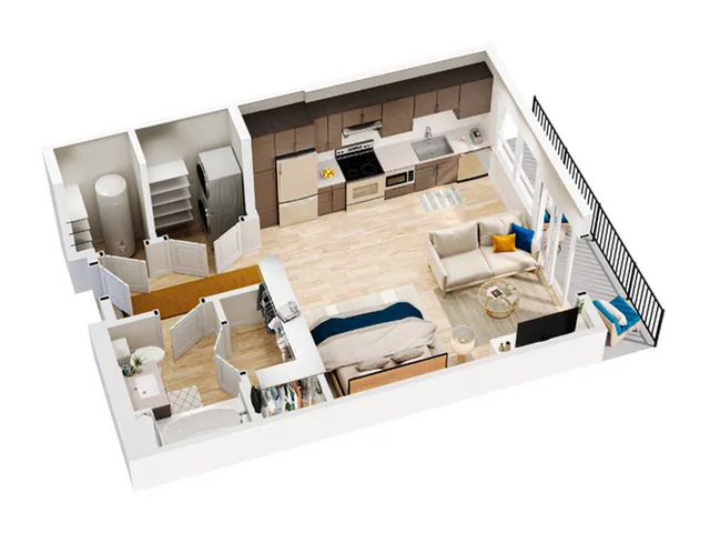 Stylish 3D floor plan showcasing a modern open-concept studio apartment with a cozy bedroom area, sleek kitchen with stainless steel appliances, spacious living room, and balcony access.