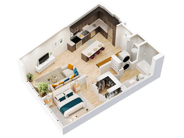 Modern 3D floor plan showcasing a cozy 1-bedroom apartment with an open living area, stylish kitchen, and sleek bathroom.