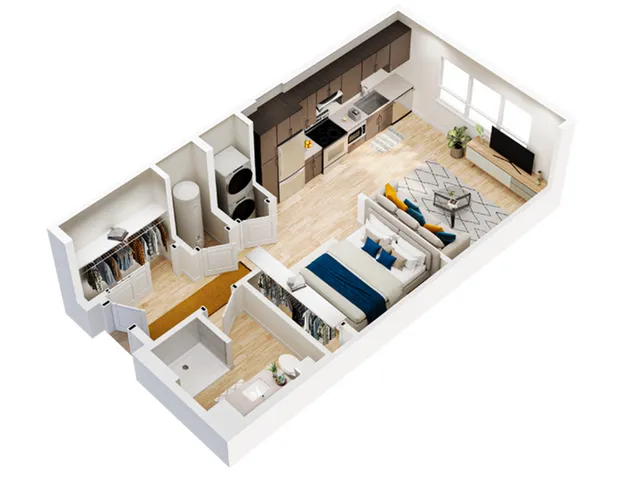 Modern studio apartment floor plan with open-concept living area, sleek kitchen, cozy bedroom nook, and efficient storage solutions.