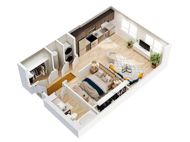 Modern apartment layout with cozy bedroom, open-concept kitchen, spacious living area, and efficient storage solutions.