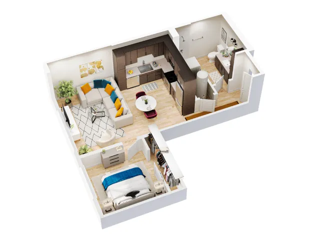Modern 3D floor plan showcasing an inviting one-bedroom apartment with an open-concept living area, sleek kitchen, and a chic bathroom.