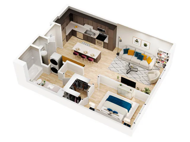 Modern open-concept apartment layout with a stylish kitchen, cozy living area, spacious bedroom, and a sleek bathroom. Ideal urban living.